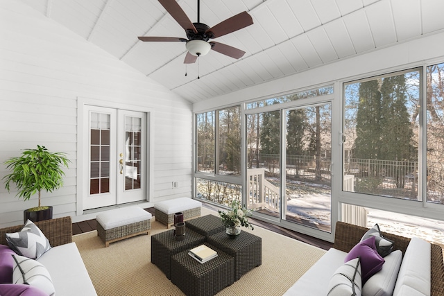 sunroom / solarium with french doors, ceiling fan, and a healthy amount of sunlight