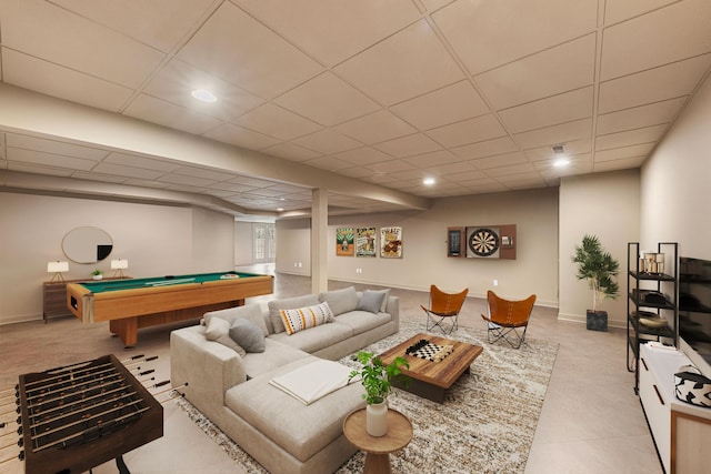 rec room with a paneled ceiling, billiards, carpet flooring, and baseboards