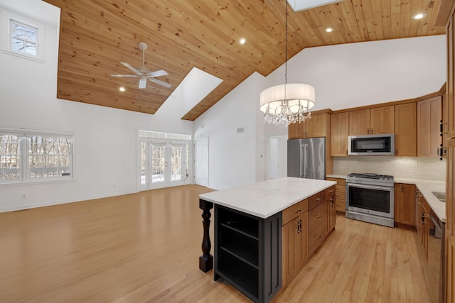 kitchen with high vaulted ceiling, open shelves, a skylight, appliances with stainless steel finishes, and wood ceiling