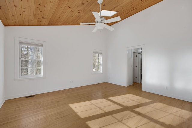 unfurnished room with vaulted ceiling with skylight, a wealth of natural light, and wood ceiling