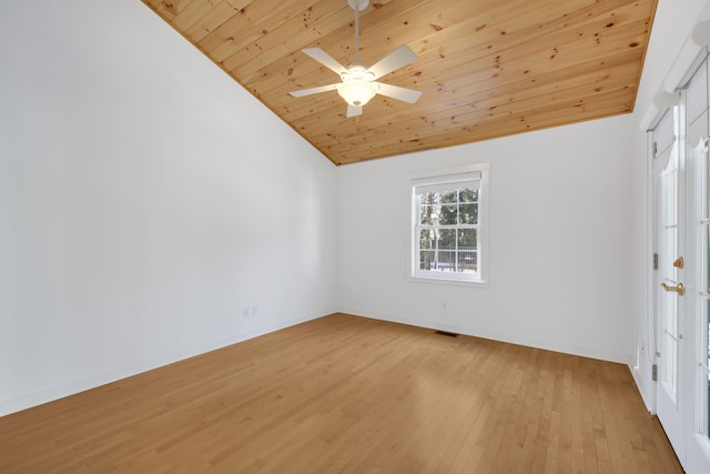 unfurnished room featuring light wood-style flooring, visible vents, vaulted ceiling, wooden ceiling, and baseboards