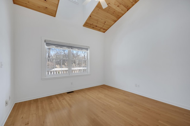 unfurnished room featuring wooden ceiling, baseboards, visible vents, and hardwood / wood-style flooring