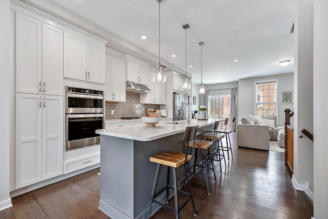 kitchen featuring under cabinet range hood, stainless steel appliances, light countertops, a sink, and white cabinetry