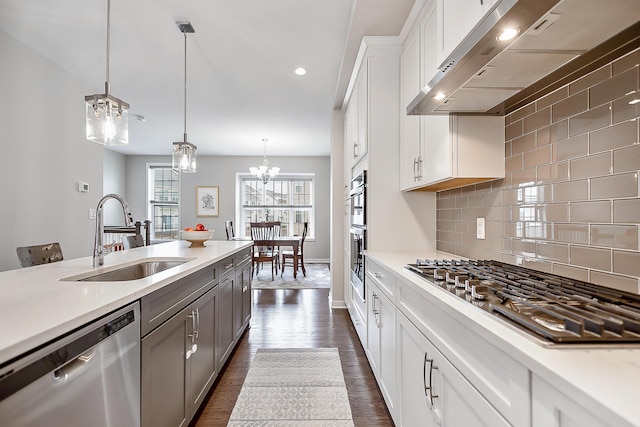 kitchen with stainless steel appliances, a sink, a notable chandelier, exhaust hood, and light countertops