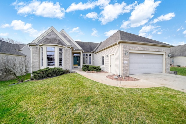 view of front of house featuring a garage, brick siding, driveway, and a front lawn