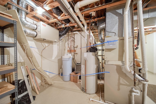 utility room with gas water heater and heating unit