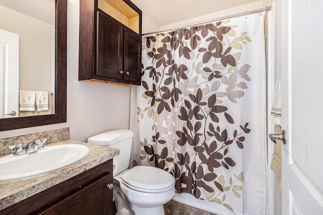 full bathroom with toilet, vanity, and a shower with shower curtain