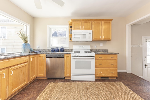 kitchen featuring dark stone counters, ceiling fan, white appliances, open shelves, and a sink