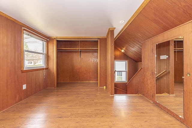 interior space featuring wood walls, a closet, and wood finished floors