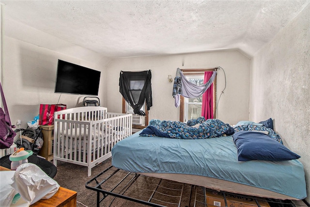 718 Harrison St, Kalamazoo, MI 49007 - bedroom with lofted ceiling, a textured wall, a textured ceiling, and cooling unit