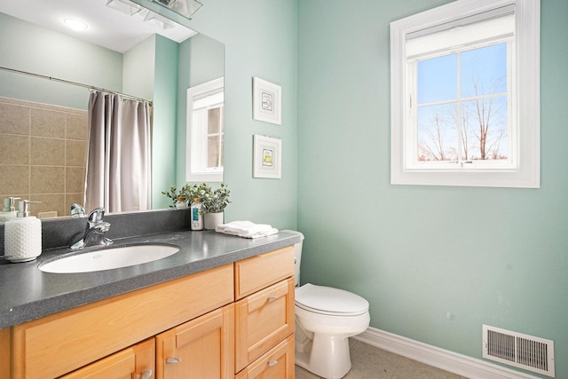 full bath with vanity, visible vents, toilet, tile patterned floors, and baseboards