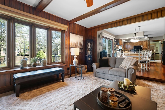 16264 White Haven Dr, Northville, MI 48168 - living area with wood walls, beamed ceiling, and a ceiling fan