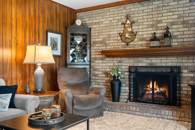16264 White Haven Dr, Northville, MI 48168 - carpeted living area featuring wooden walls and a brick fireplace