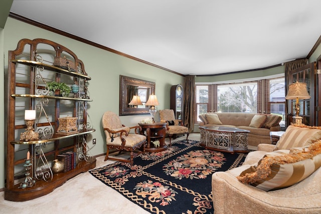 16264 White Haven Dr, Northville, MI 48168 - living area featuring carpet, baseboards, and ornamental molding