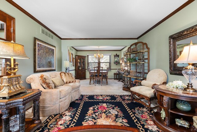 16264 White Haven Dr, Northville, MI 48168 - carpeted living area featuring a notable chandelier, visible vents, and ornamental molding