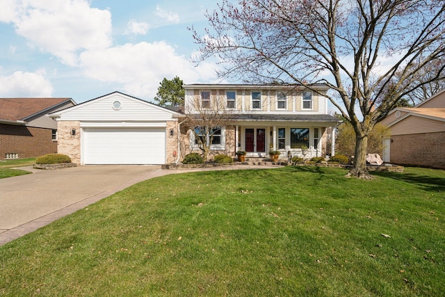 16264 White Haven Dr, Northville, MI 48168 - view of front of house with an attached garage, concrete driveway, a front lawn, and a porch