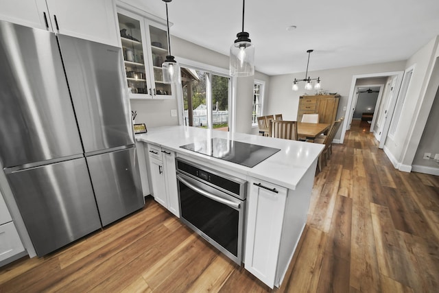 5427 Vrooman Rd, Jackson, MI 49201 - kitchen with stainless steel appliances, glass insert cabinets, a peninsula, white cabinetry, and hardwood / wood-style floors
