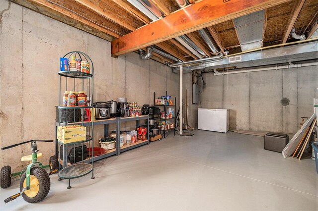 500 Mckinley, Three Rivers, MI 49093 - unfinished below grade area featuring electric panel, fridge, and visible vents