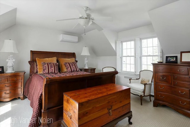 3020 Fulton St SE, Grand Rapids, MI 49506 - bedroom featuring light colored carpet, vaulted ceiling, a wall unit AC, and ceiling fan