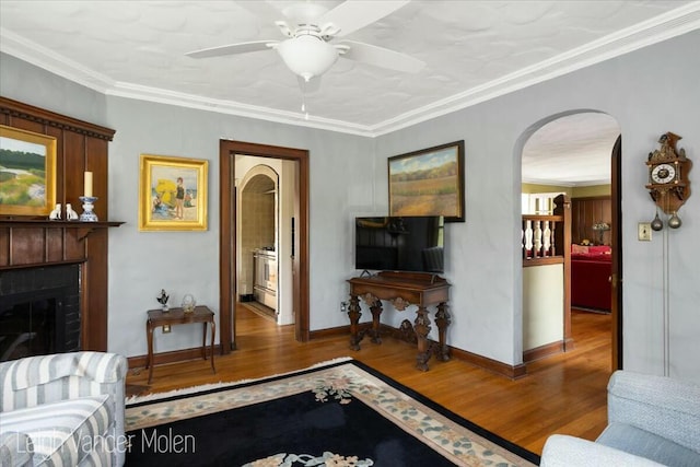 3020 Fulton St SE, Grand Rapids, MI 49506 - living room with arched walkways, wood finished floors, a ceiling fan, a brick fireplace, and baseboards