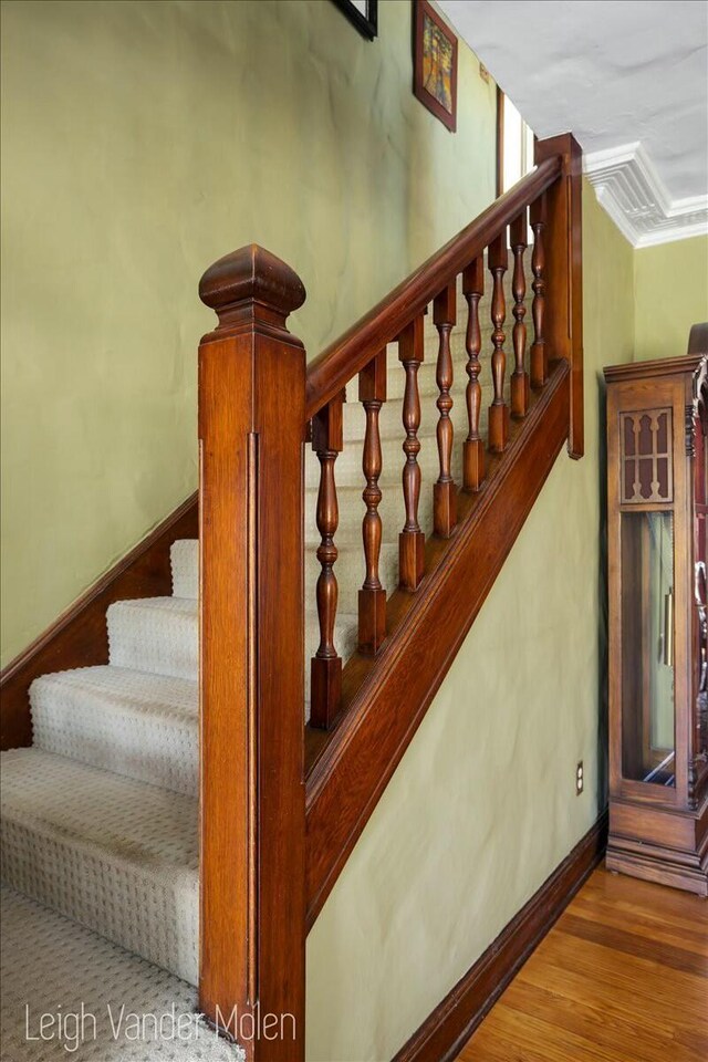 3020 Fulton St SE, Grand Rapids, MI 49506 - staircase featuring baseboards, wood finished floors, and ornamental molding