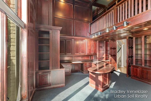 7635 Sandy Hollow Dr SE, Alto, MI 49302 - unfurnished office featuring arched walkways, dark carpet, wooden walls, a towering ceiling, and ornate columns