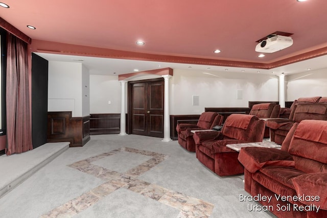 7635 Sandy Hollow Dr SE, Alto, MI 49302 - cinema room with ornate columns, light carpet, recessed lighting, and wainscoting