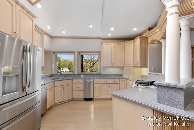 7635 Sandy Hollow Dr SE, Alto, MI 49302 - kitchen featuring appliances with stainless steel finishes, light brown cabinets, a sink, recessed lighting, and crown molding