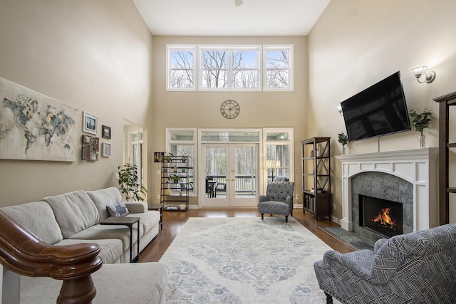 5371 S 4th St, Kalamazoo, MI 49009 - living room featuring french doors, a fireplace, a towering ceiling, and wood finished floors
