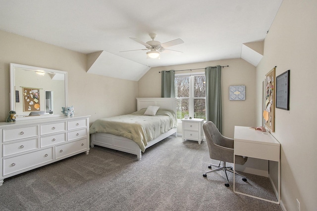 5371 S 4th St, Kalamazoo, MI 49009 - bedroom featuring vaulted ceiling, dark carpet, an office area, and a ceiling fan