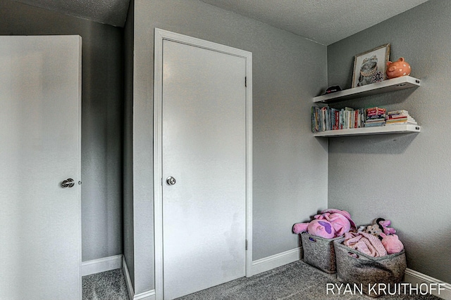 interior space with carpet, a textured ceiling, and baseboards