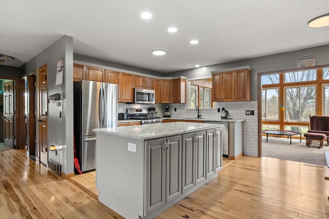 8524 E B Ave, Richland, MI 49083 - kitchen with appliances with stainless steel finishes, a sink, light wood finished floors, a center island, and backsplash