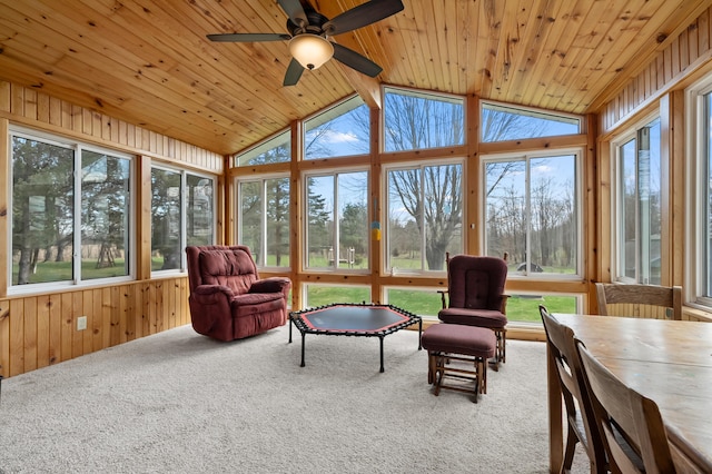 8524 E B Ave, Richland, MI 49083 - sunroom featuring carpet, vaulted ceiling, wood ceiling, and wooden walls