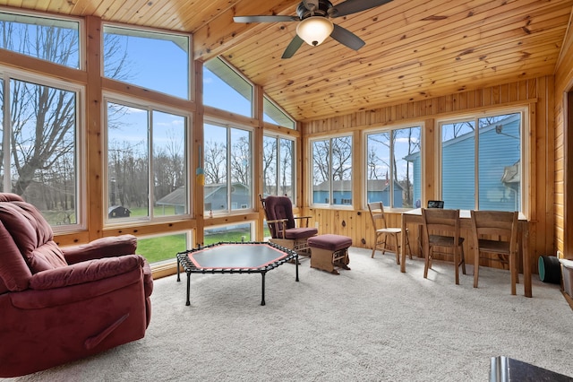 8524 E B Ave, Richland, MI 49083 - sunroom / solarium with vaulted ceiling, plenty of natural light, wood ceiling, wooden walls, and carpet