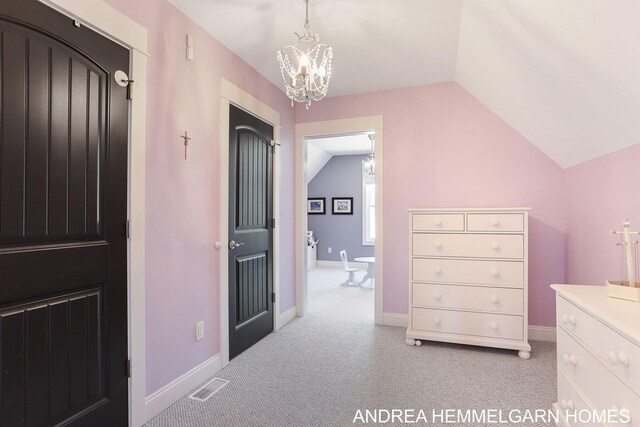 4459 36th St, Hamilton, MI 49419 - bedroom featuring lofted ceiling, visible vents, a chandelier, and light colored carpet