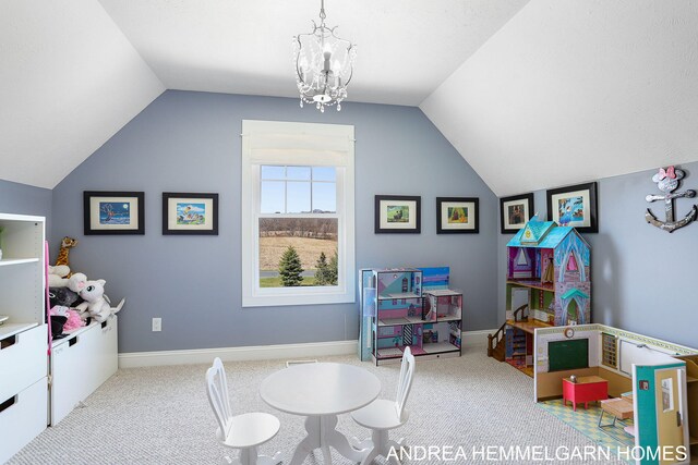 4459 36th St, Hamilton, MI 49419 - recreation room with a chandelier, lofted ceiling, baseboards, and carpet