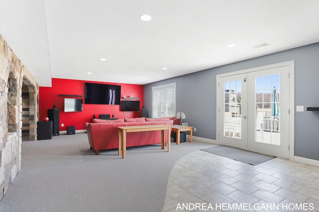 4459 36th St, Hamilton, MI 49419 - carpeted living area with recessed lighting, visible vents, baseboards, and french doors