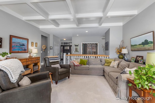 living room featuring recessed lighting, coffered ceiling, visible vents, light carpet, and beamed ceiling