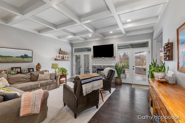 living room with beamed ceiling, wood finished floors, recessed lighting, and french doors