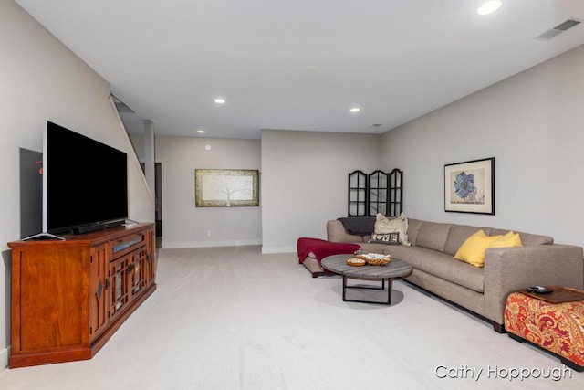 living room with light carpet, baseboards, visible vents, and recessed lighting