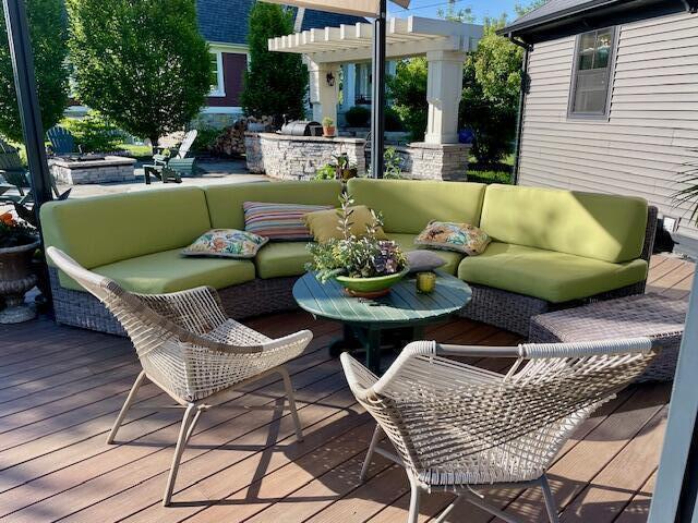 deck featuring a pergola, outdoor lounge area, and area for grilling