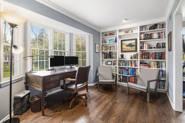 home office featuring ornamental molding, wood finished floors, and a healthy amount of sunlight