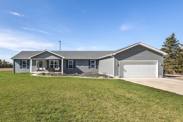 48320 Martz Rd, Van Buren Twp, MI 48111 - single story home featuring roof with shingles, a front lawn, a porch, concrete driveway, and an attached garage