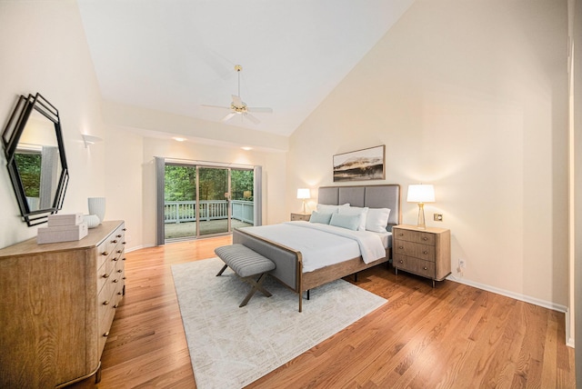 2925 Exmoor Rd, Ann Arbor, MI 48104 - bedroom with access to exterior, high vaulted ceiling, light wood-type flooring, a ceiling fan, and baseboards