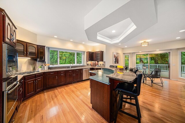 2925 Exmoor Rd, Ann Arbor, MI 48104 - kitchen with appliances with stainless steel finishes, a sink, a kitchen breakfast bar, light wood-style flooring, and healthy amount of natural light