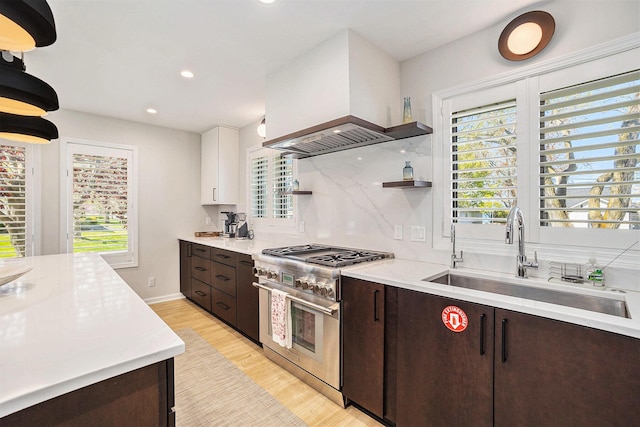 55 Gabriel Dr, South Haven, MI 49090 - kitchen with high end range, a sink, dark brown cabinetry, tasteful backsplash, and recessed lighting