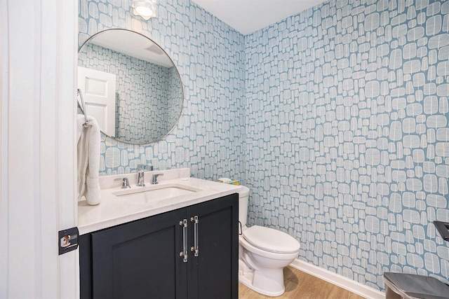 55 Gabriel Dr, South Haven, MI 49090 - bathroom featuring wood finished floors, toilet, wallpapered walls, and vanity