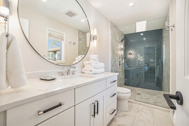 55 Gabriel Dr, South Haven, MI 49090 - full bath with toilet, marble look tile flooring, walk in shower, recessed lighting, and vanity