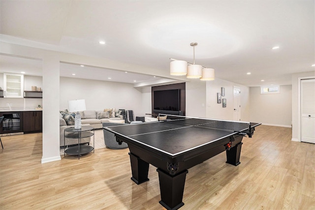 55 Gabriel Dr, South Haven, MI 49090 - game room featuring beverage cooler, recessed lighting, light wood-style floors, and baseboards