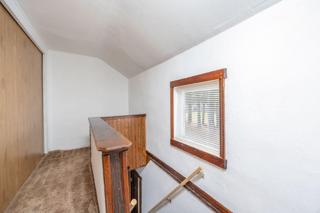 430 N Perry St, Barryton, MI 49305 - staircase with lofted ceiling and carpet floors